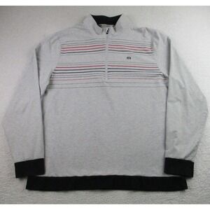 Travis Mathew Sweater Mens 2XL Gray 1/4 Zip Pullover Golf Striped‎ Logo Knit